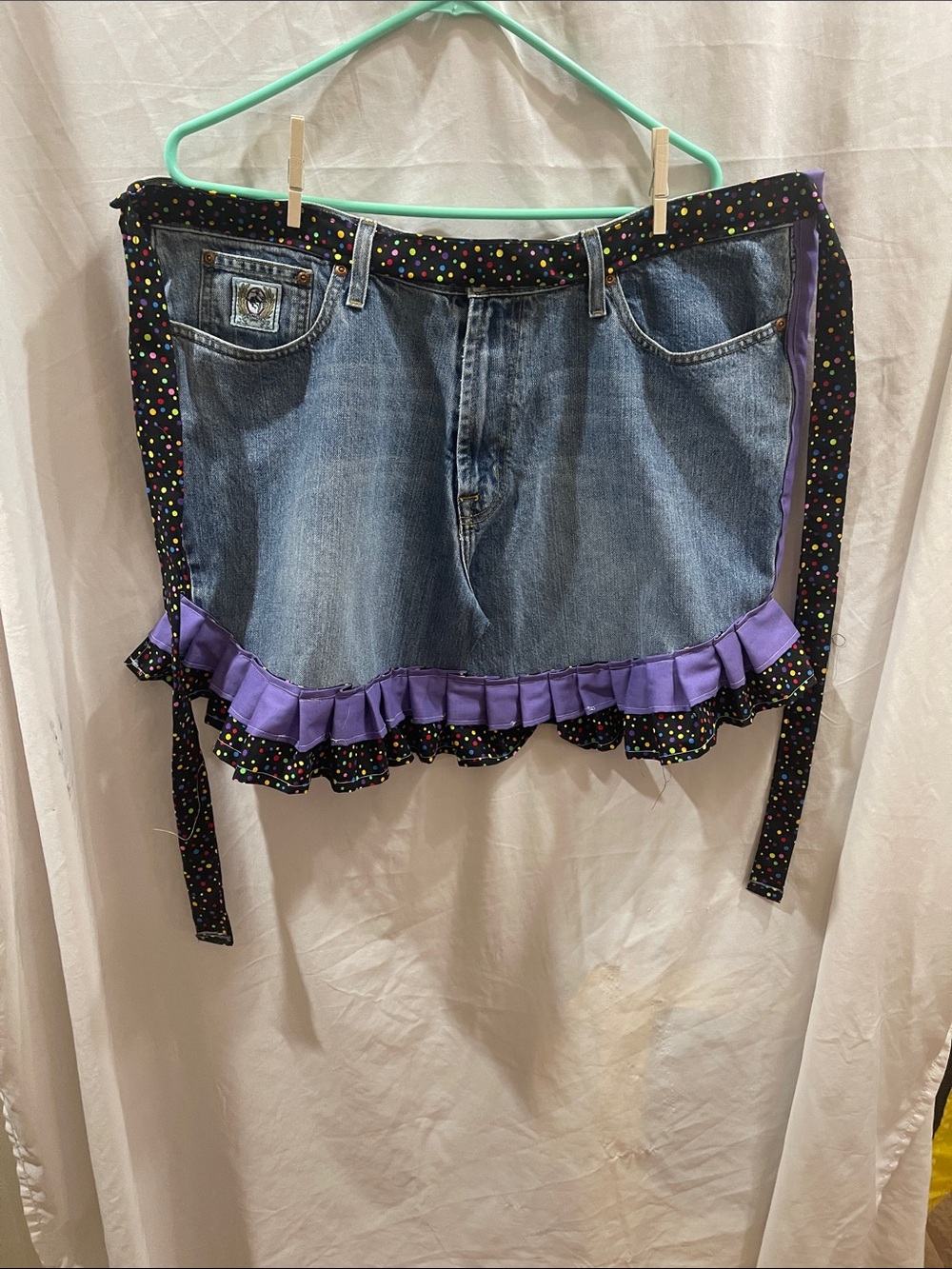 Denim Mini Skirt Apron with Purple Ruffle and Multicolor Polka Dot Trim